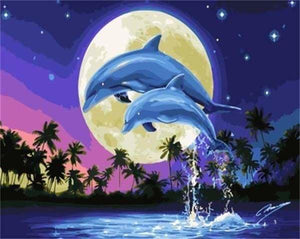 peinture par numéros | Lune et Couple de Dauphins | animaux dauphins facile | FiguredArt