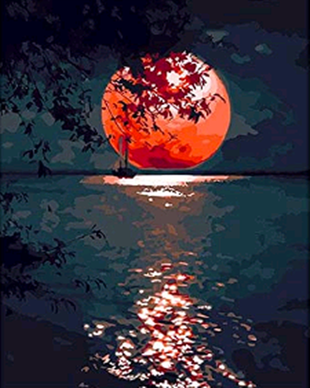 peinture par numéros | Lune rouge sur le Lac | nouveautés paysages facile | FiguredArt