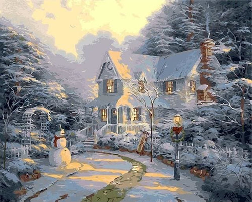peinture par numéros | Maison et Bonhomme de Neige | intermédiaire paysages | FiguredArt