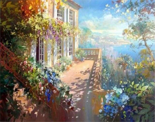 peinture par numéros | Maison fleurie sous le Soleil | complexe paysages | FiguredArt
