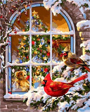 Charger l&#39;image dans la galerie, peinture par numéros | Nounours à la Fenêtre | animaux intermédiaire Noël oiseaux | FiguredArt