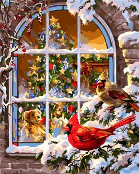 peinture par numéros | Nounours à la Fenêtre | animaux intermédiaire Noël oiseaux | FiguredArt