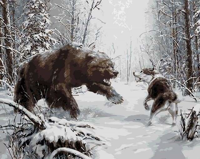 peinture par numéros | Ours et chien dans la Neige | animaux intermédiaire loups ours | FiguredArt