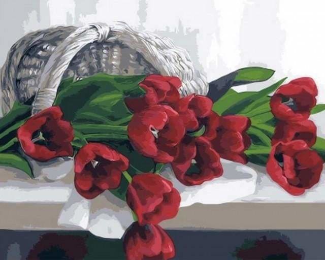 peinture par numéros | Panier de Tulipes rouges | facile fleurs | FiguredArt