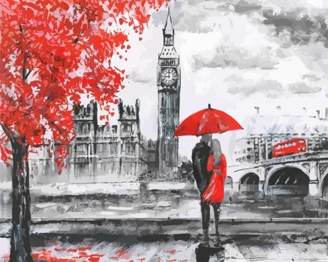 peinture par numéros | Parapluie rouge à Londres | complexe romantique ville | FiguredArt