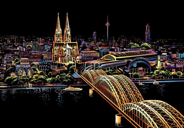 peinture à gratter | Peinture à gratter - Pont de Cologne en Allemagne | Format A3 (29.7x42cm) - FiguredArt