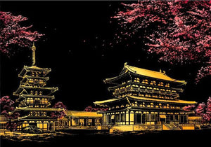 peinture à gratter | Peinture à gratter - Temple Yakushiji au Japon | Format A3 (29.7x42cm) - FiguredArt