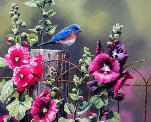 peinture par numéros | Petit Oiseau et Fleurs roses | fleurs intermédiaire | FiguredArt