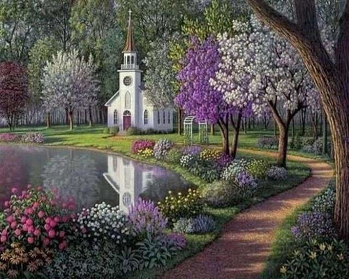 peinture par numéros | Petite Eglise blanche | complexe paysages | FiguredArt