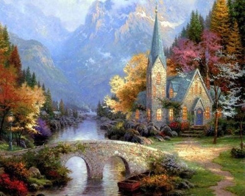 peinture par numéros | Petite Eglise près de la Rivière | complexe paysages | FiguredArt