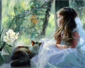 peinture par numéros | Petite fille à la Fenêtre avec son Chat | animaux chats complexe romantique | FiguredArt