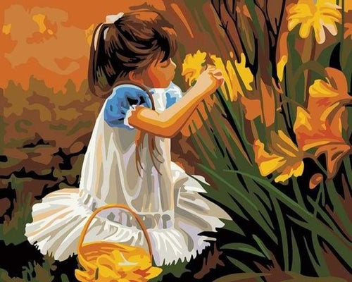 peinture par numéros | Petite Fille cueillant des Fleurs | facile fleurs romantique | FiguredArt