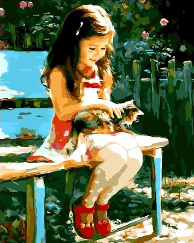 peinture par numéros | Petite Fille dans le parc avec son Chat | animaux chats facile romantique | FiguredArt
