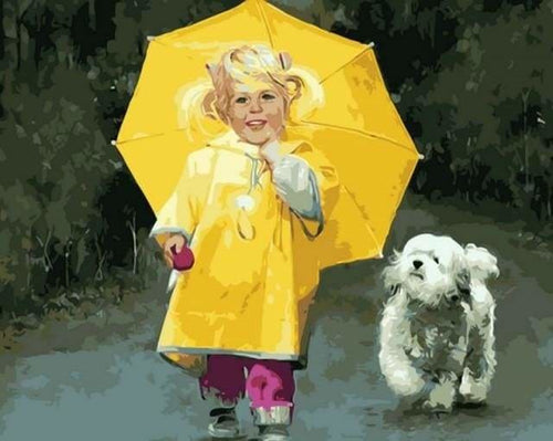 peinture par numéros | Petite Fille en Jaune et petit Chien | animaux chiens intermédiaire portrait | FiguredArt