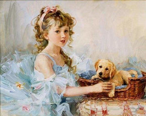 peinture par numéros | Petite Fille et son Chiot | animaux chiens intermédiaire portrait romantique | FiguredArt