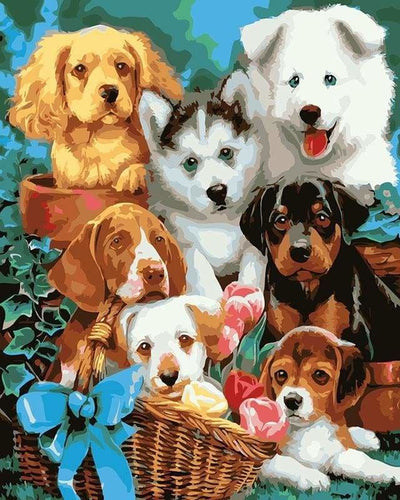 peinture par numéros | Petits Chiens dans un Panier | animaux chiens intermédiaire | FiguredArt