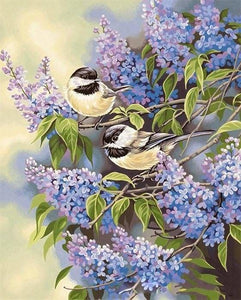 peinture par numéros | Petits Oiseaux sur une Branche de Lilas | animaux intermédiaire oiseaux | FiguredArt