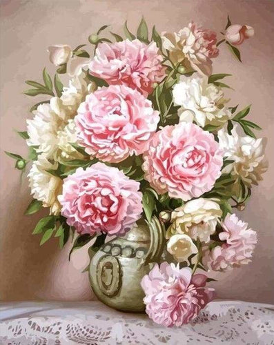 peinture par numéros | Pivoines roses et blanches sur la Table | fleurs intermédiaire | FiguredArt