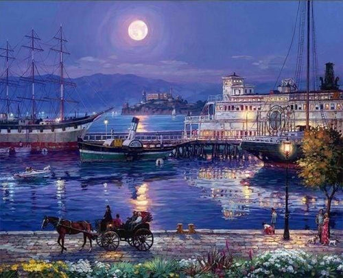 peinture par numéros | Port et pleine Lune | bateaux complexe paysages ville | FiguredArt