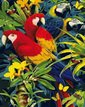 Charger l&#39;image dans la galerie, peinture par numéros | Quatre Perroquets dans les Branches | animaux intermédiaire oiseaux perroquets | FiguredArt