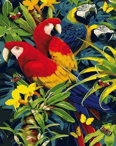 peinture par numéros | Quatre Perroquets dans les Branches | animaux intermédiaire oiseaux perroquets | FiguredArt