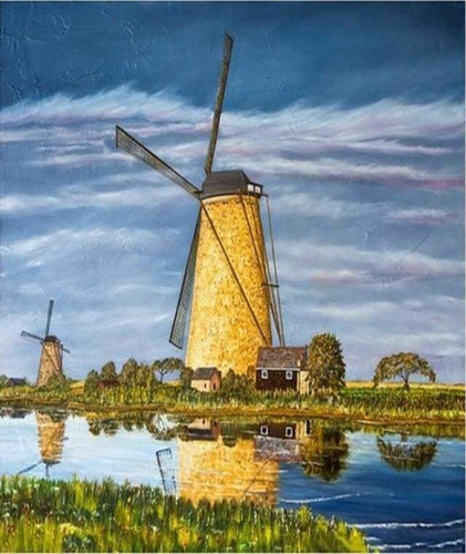 peinture par numéros | Rivière et Moulins à vent | intermédiaire paysages | FiguredArt