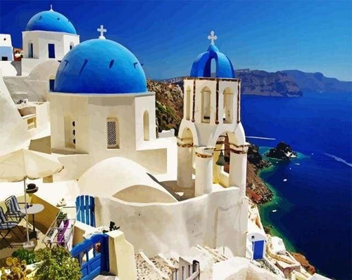 peinture par numéros | Santorin bleu et blanc | intermédiaire ville | FiguredArt