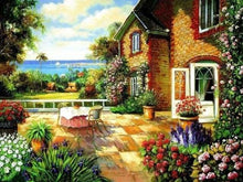 Charger l&#39;image dans la galerie, peinture par numéros | Sur la Terrasse de maison en bord de mer | complexe fleurs paysages | FiguredArt