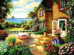 peinture par numéros | Sur la Terrasse de maison en bord de mer | complexe fleurs paysages | FiguredArt