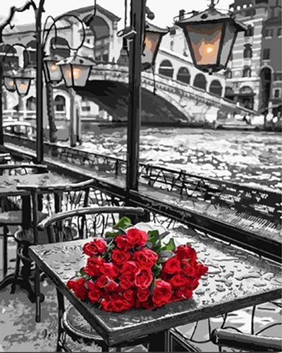 peinture par numéros | Terrasse et Bouquet | fleurs intermédiaire romantique ville | FiguredArt