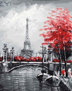 peinture par numéros | Tour Eiffel et Arbres rouges | intermédiaire ville | FiguredArt