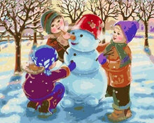 Charger l&#39;image dans la galerie, peinture par numéros | Trois enfants jouant dans la Neige | enfants facile Noël | FiguredArt