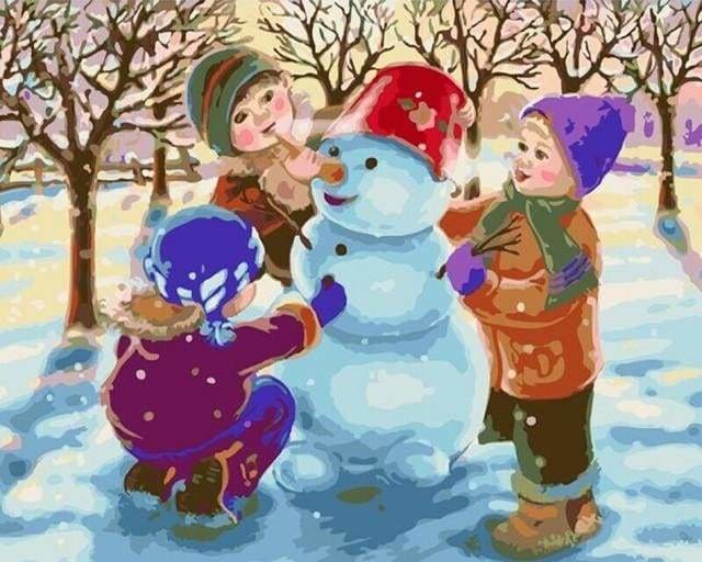 peinture par numéros | Trois enfants jouant dans la Neige | enfants facile Noël | FiguredArt