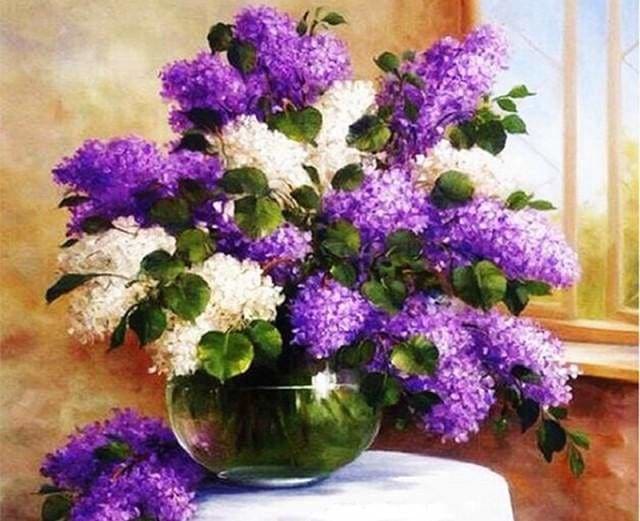 peinture par numéros | Vase avec des fleurs violettes et blanches | complexe fleurs | FiguredArt