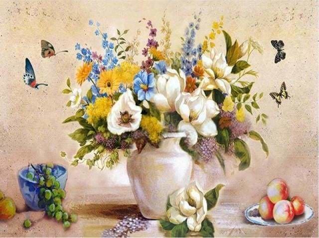peinture par numéros | Vase blanc et Papillons | animaux facile fleurs papillons | FiguredArt