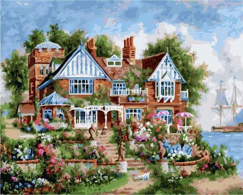 peinture par numéros | Villa au bord de lEau romantique | complexe paysages | FiguredArt