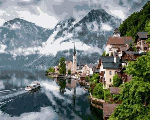 peinture par numéros | Village et Lac de Montagne | complexe paysages | FiguredArt