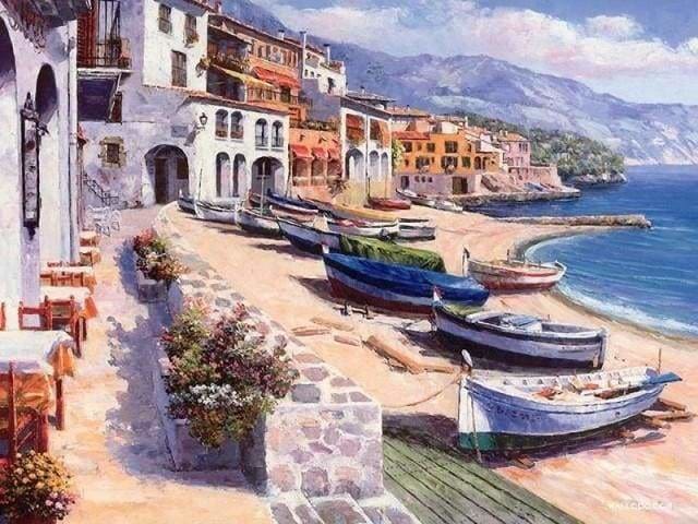 peinture par numéros | Village méditerranéen et Barques amarrées | bateaux complexe paysages | FiguredArt