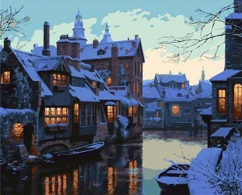 peinture par numéros | Ville de Nuit sous la Neige | facile ville | FiguredArt
