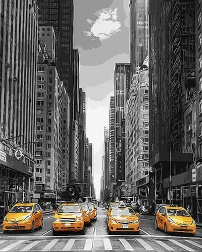 peinture par numéros | Ville Moderne et Taxis Jaunes | complexe ville | FiguredArt