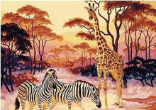Charger l&#39;image dans la galerie, peinture par numéros | Zèbres et Girafe au coucher du Soleil | animaux complexe girafes zèbres | FiguredArt